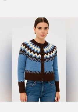 Joie Blue and Brown Fair Isle Crewneck Cardigan XS
